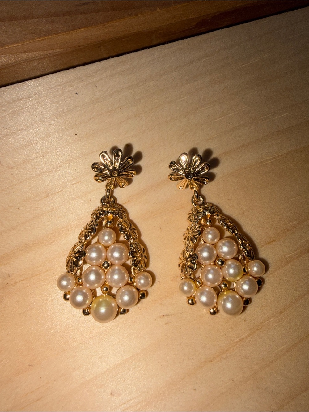Vintage Faux Pearl Chandelier Dangle Earrings Gold Tone with Floral Post